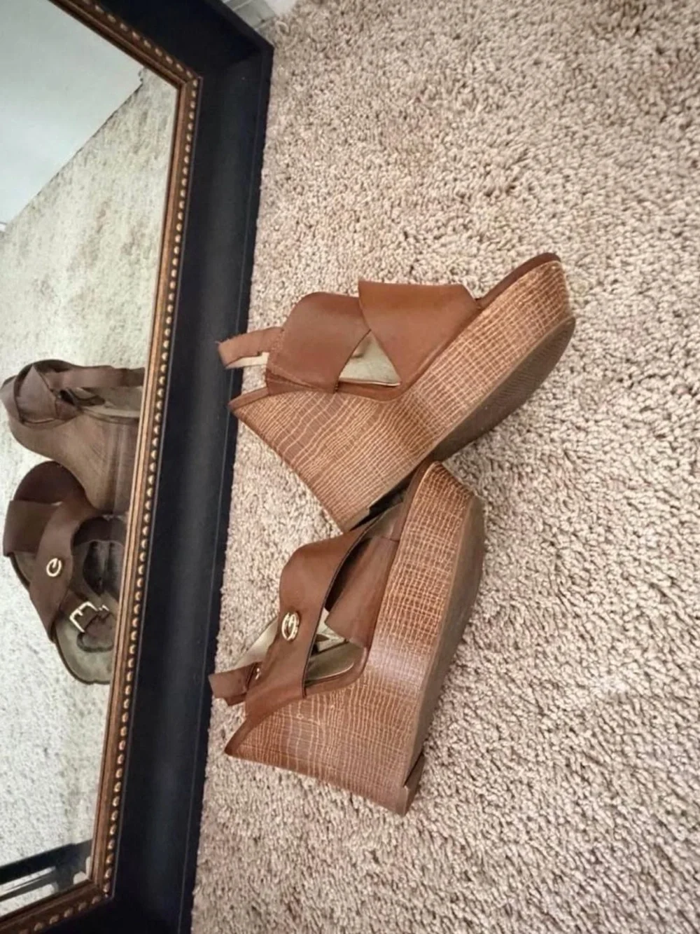 G by Guess Tan Leather Crossband Slingback Wedge Sandals